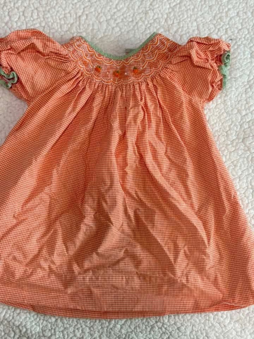 Girls Orange Gingham Smocked Dress with Green Trim